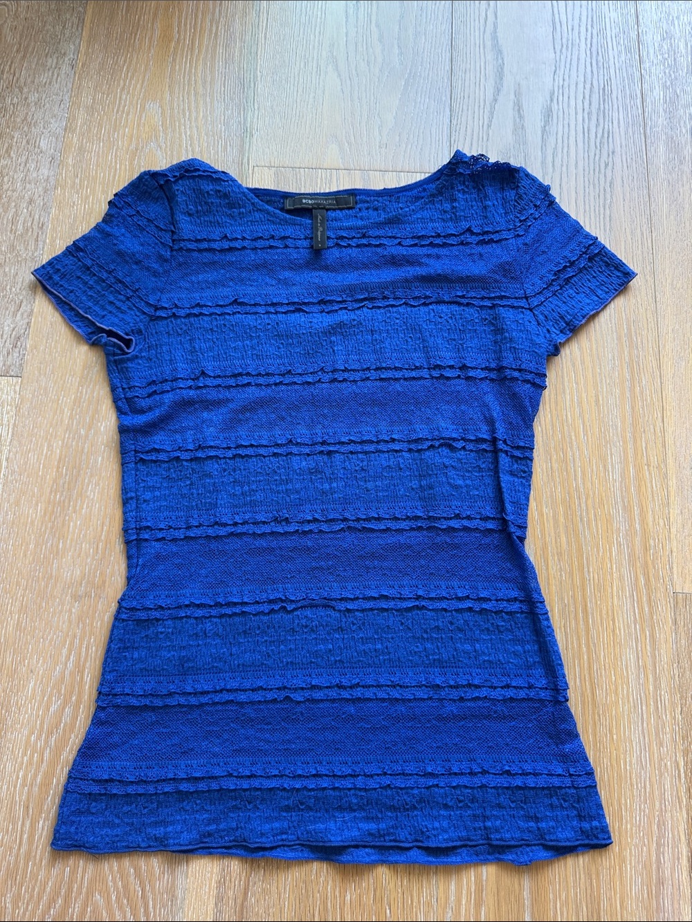 BCBGMaxAzria Lizza Blue Short Sleeve Lace-Texture Tee